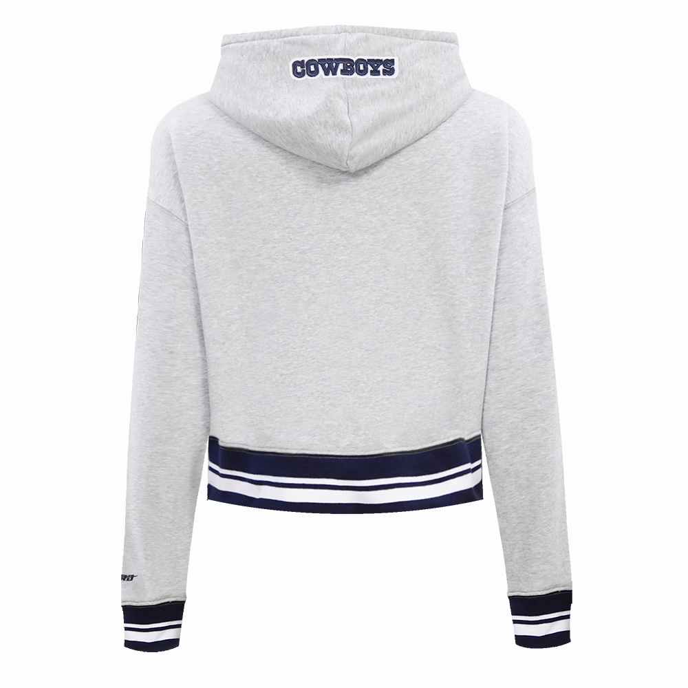 NFL DALLAS COWBOYS SCRIPT TAIL WOMEN'S RIB FLEECE CROPPED PULLOVER HOODIE (HEATHER GREY/MIDNIGHT NAVY)