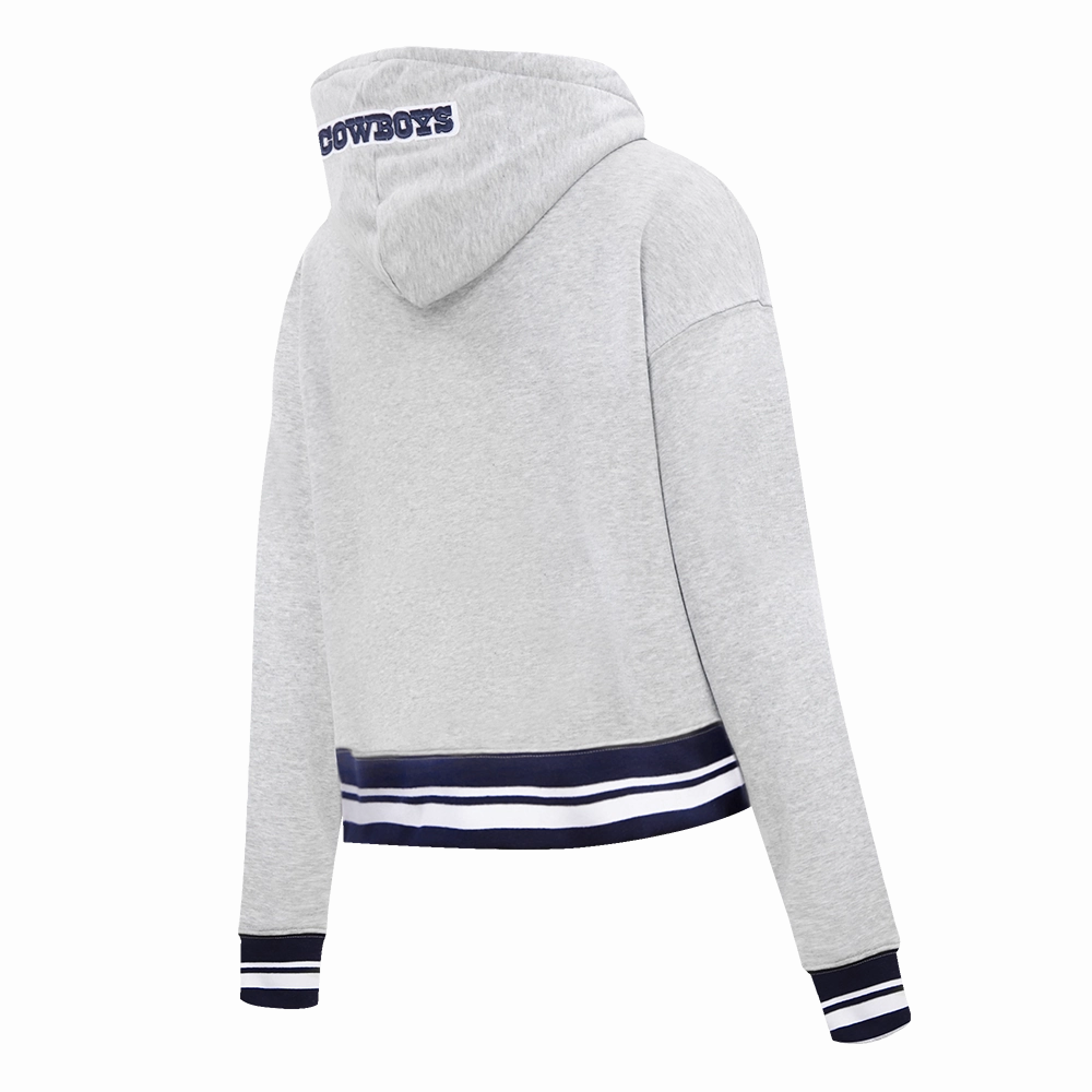 NFL DALLAS COWBOYS SCRIPT TAIL WOMEN'S RIB FLEECE CROPPED PULLOVER HOODIE (HEATHER GREY/MIDNIGHT NAVY)