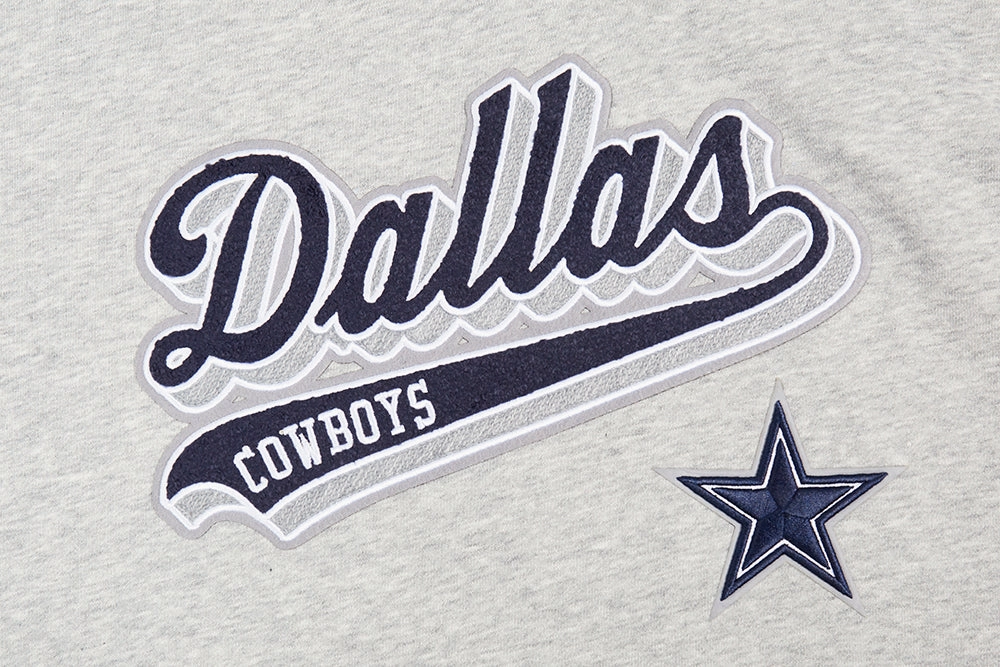NFL DALLAS COWBOYS SCRIPT TAIL WOMEN'S RIB FLEECE CROPPED PULLOVER HOODIE (HEATHER GREY/MIDNIGHT NAVY)