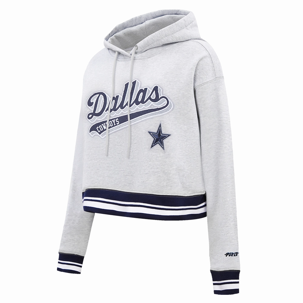 NFL DALLAS COWBOYS SCRIPT TAIL WOMEN'S RIB FLEECE CROPPED PULLOVER HOODIE (HEATHER GREY/MIDNIGHT NAVY)
