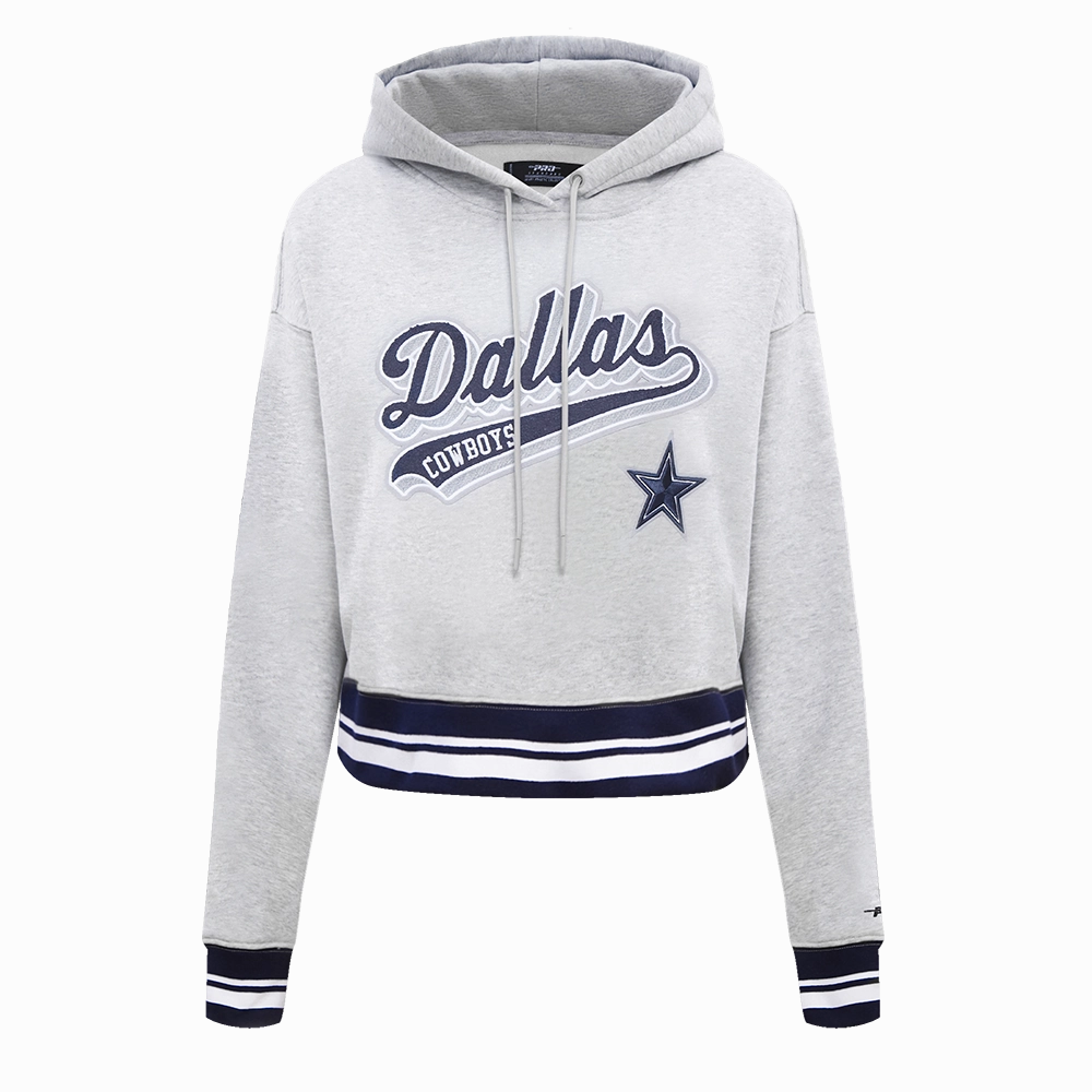NFL DALLAS COWBOYS SCRIPT TAIL WOMEN'S RIB FLEECE CROPPED PULLOVER HOODIE (HEATHER GREY/MIDNIGHT NAVY)