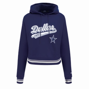 NFL DALLAS COWBOYS SCRIPT TAIL WOMEN'S RIB FLEECE CROPPED PULLOVER HOODIE (MIDNIGHT NAVY)