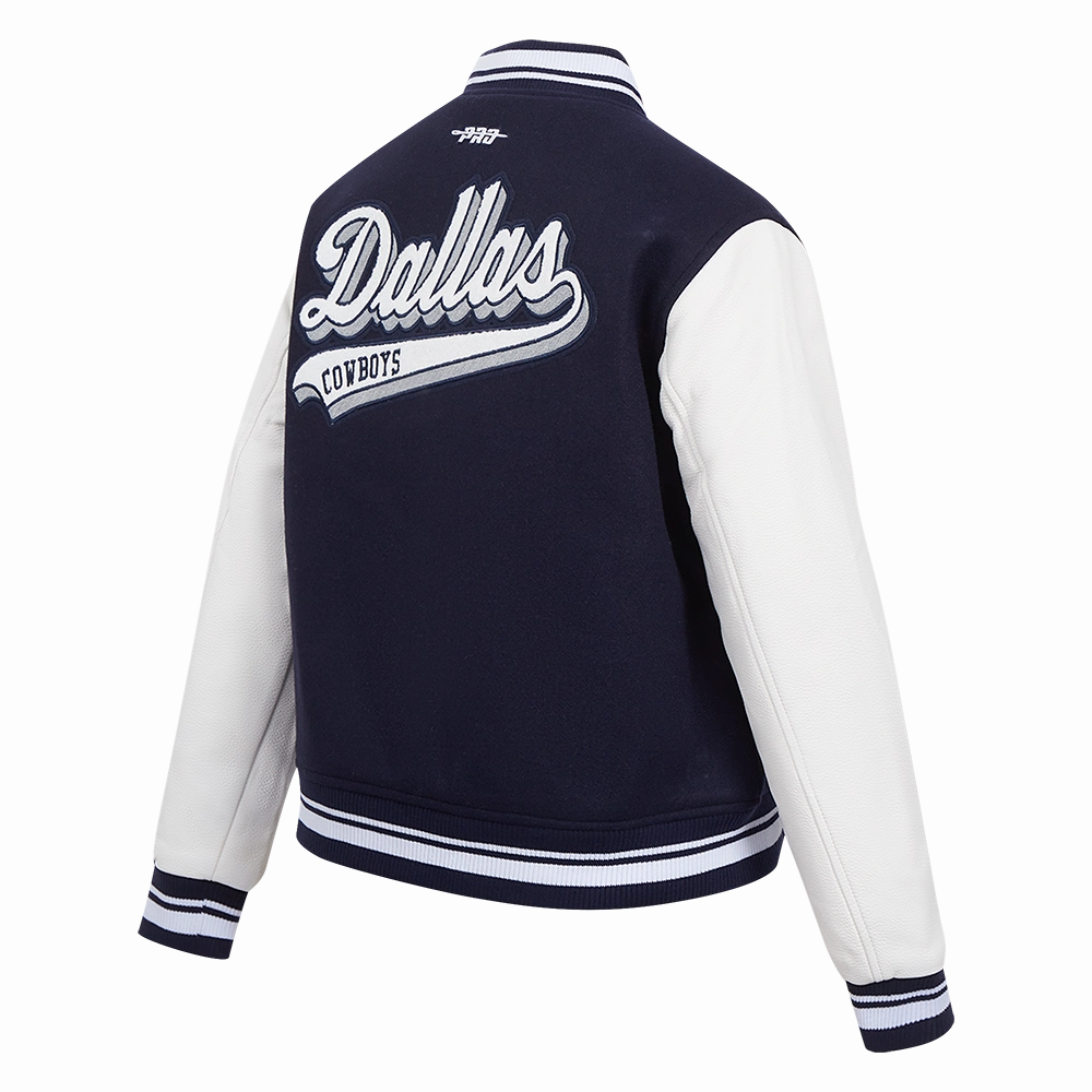 NFL DALLAS COWBOYS SCRIPT TAIL WOMEN'S WOOL VARSITY JACKET (MIDNIGHT NAVY/WHITE)
