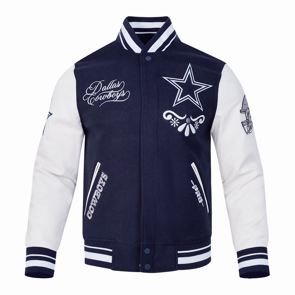 NFL DALLAS COWBOYS SUGAR SKULL MEN'S RIB WOOL VARSITY JACKET (MIDNIGHT NAVY/WHITE)