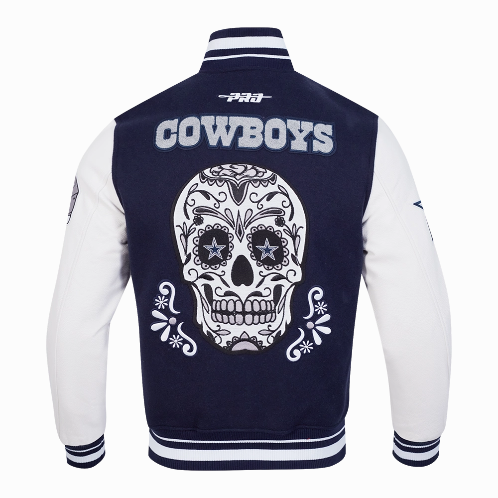 NFL DALLAS COWBOYS SUGAR SKULL MEN'S RIB WOOL VARSITY JACKET (MIDNIGHT NAVY/WHITE)