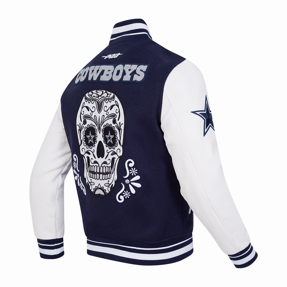 NFL DALLAS COWBOYS SUGAR SKULL MEN'S RIB WOOL VARSITY JACKET (MIDNIGHT NAVY/WHITE)