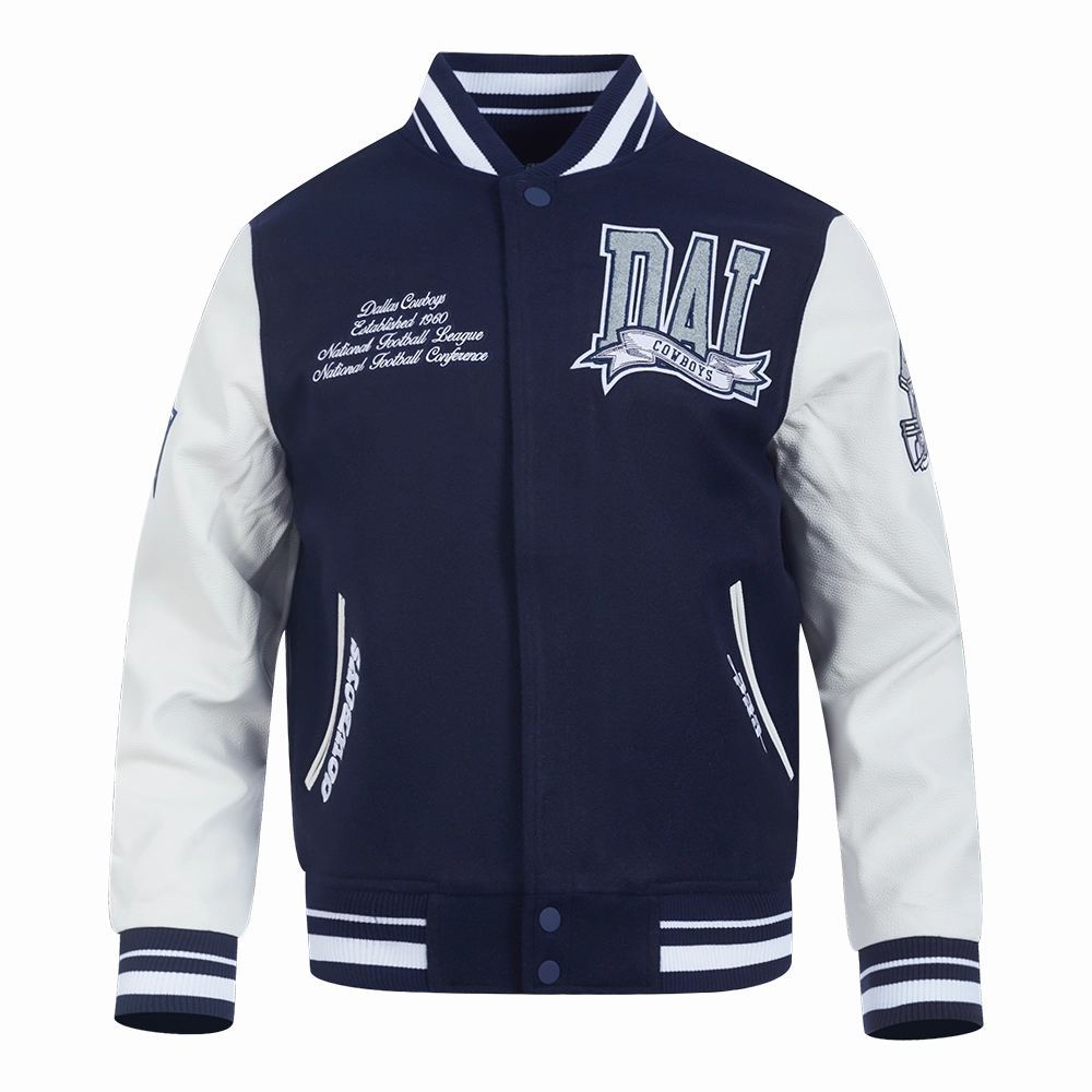 NFL DALLAS COWBOYS TEAM PENNANTS MEN'S RIB WOOL VARSITY JACKET (MIDNIGHT NAVY/WHITE)