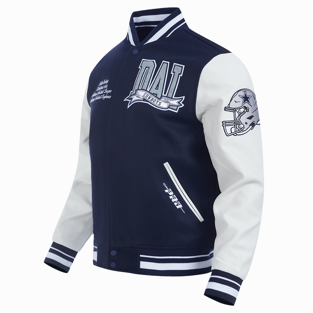 NFL DALLAS COWBOYS TEAM PENNANTS MEN'S RIB WOOL VARSITY JACKET (MIDNIGHT NAVY/WHITE)