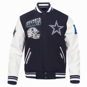 NFL DALLAS COWBOYS TURN IT UP MEN'S RIB WOOL VARSITY JACKET (MIDNIGHT NAVY/WHITE)