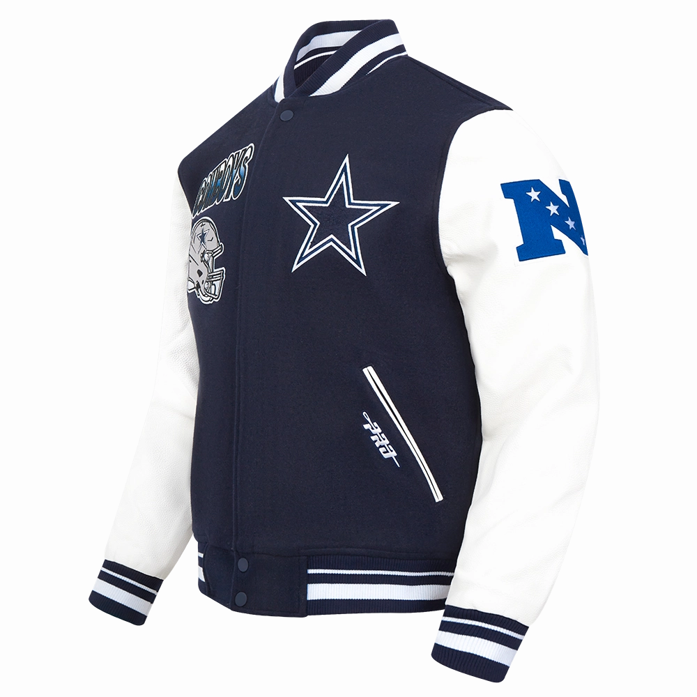 NFL DALLAS COWBOYS TURN IT UP MEN'S RIB WOOL VARSITY JACKET (MIDNIGHT NAVY/WHITE)