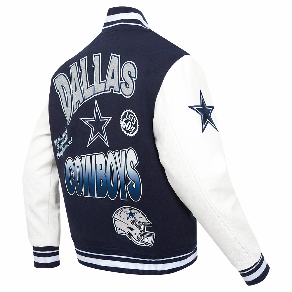 NFL DALLAS COWBOYS TURN IT UP MEN'S RIB WOOL VARSITY JACKET (MIDNIGHT NAVY/WHITE)