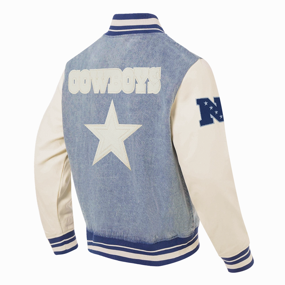 NFL DALLAS COWBOYS VARSITY BLUES MEN'S DENIM VARSITY JACKET (DENIM/LINEN)