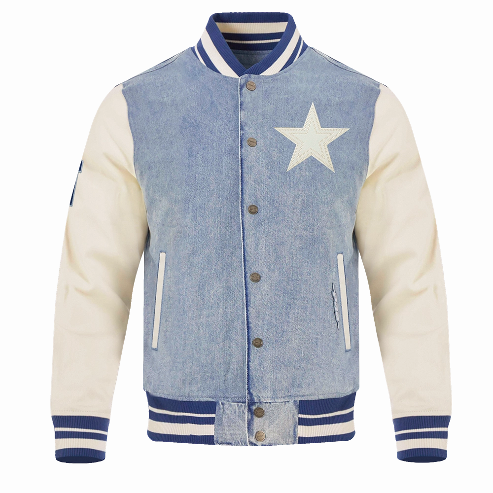 NFL DALLAS COWBOYS VARSITY BLUES MEN'S DENIM VARSITY JACKET (DENIM/LINEN)