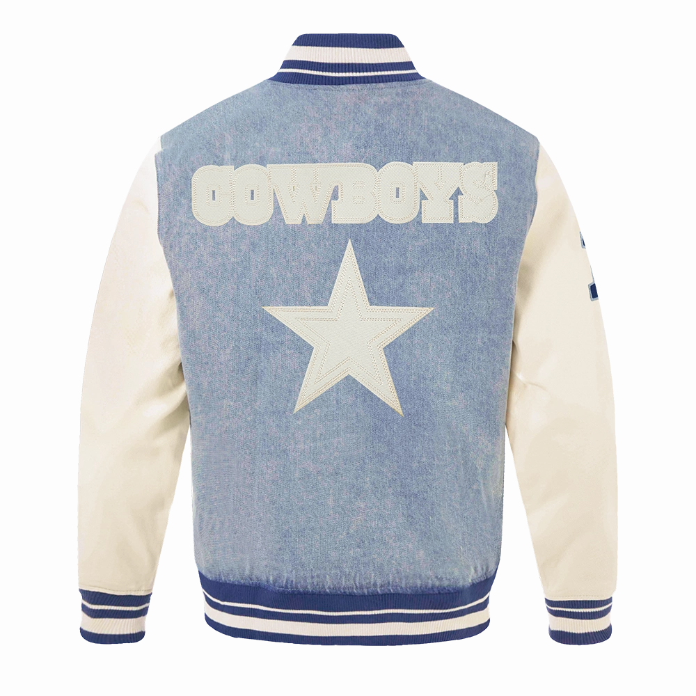NFL DALLAS COWBOYS VARSITY BLUES MEN'S DENIM VARSITY JACKET (DENIM/LINEN)