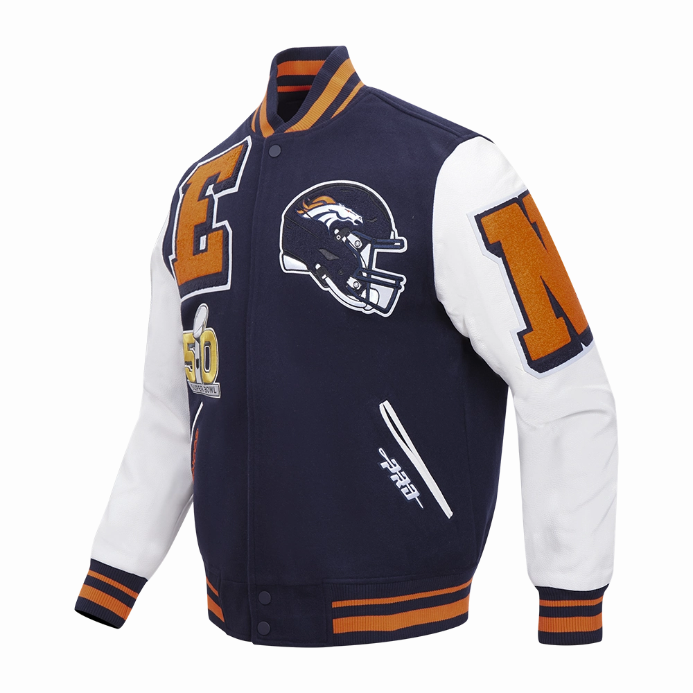 NFL DENVER BRONCOS MASHUP MEN'S RIB WOOL VARSITY JACKET (MIDNIGHT NAVY/ORANGE/MIDNIGHT NAVY)