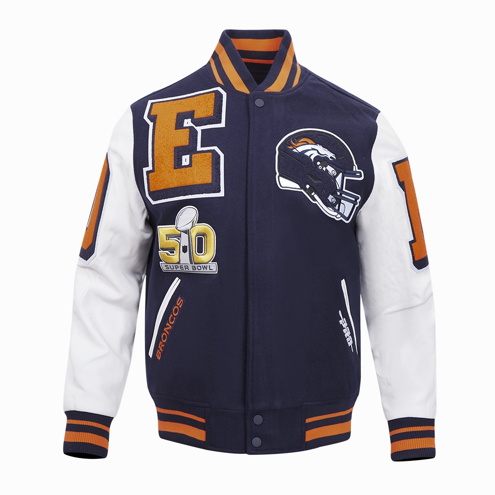 NFL DENVER BRONCOS MASHUP MEN'S RIB WOOL VARSITY JACKET (MIDNIGHT NAVY/ORANGE/MIDNIGHT NAVY)