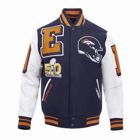 NFL DENVER BRONCOS MASHUP MEN'S RIB WOOL VARSITY JACKET (MIDNIGHT NAVY/ORANGE/MIDNIGHT NAVY)