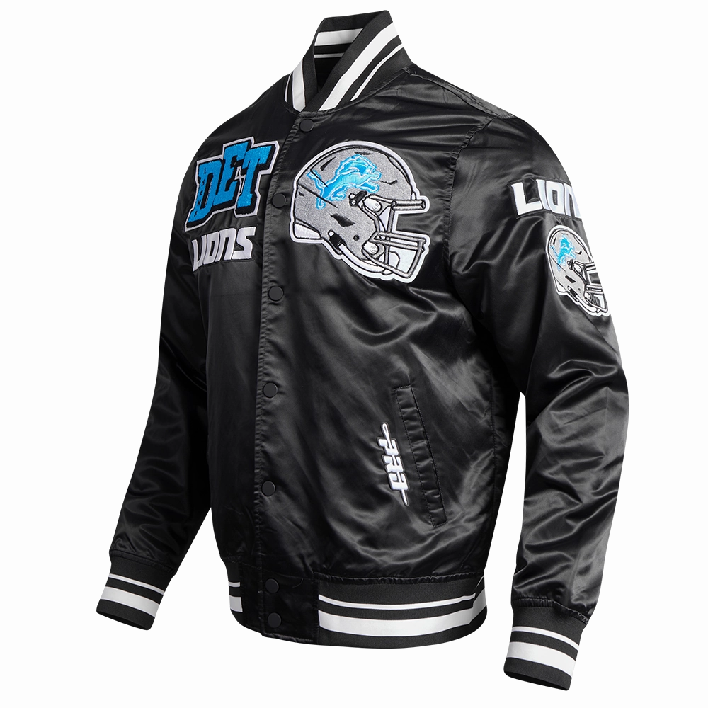 NFL DETROIT LIONS MASHUP MEN'S RIB SATIN JACKET (BLACK)