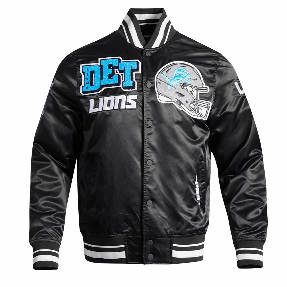 NFL DETROIT LIONS MASHUP MEN'S RIB SATIN JACKET (BLACK)