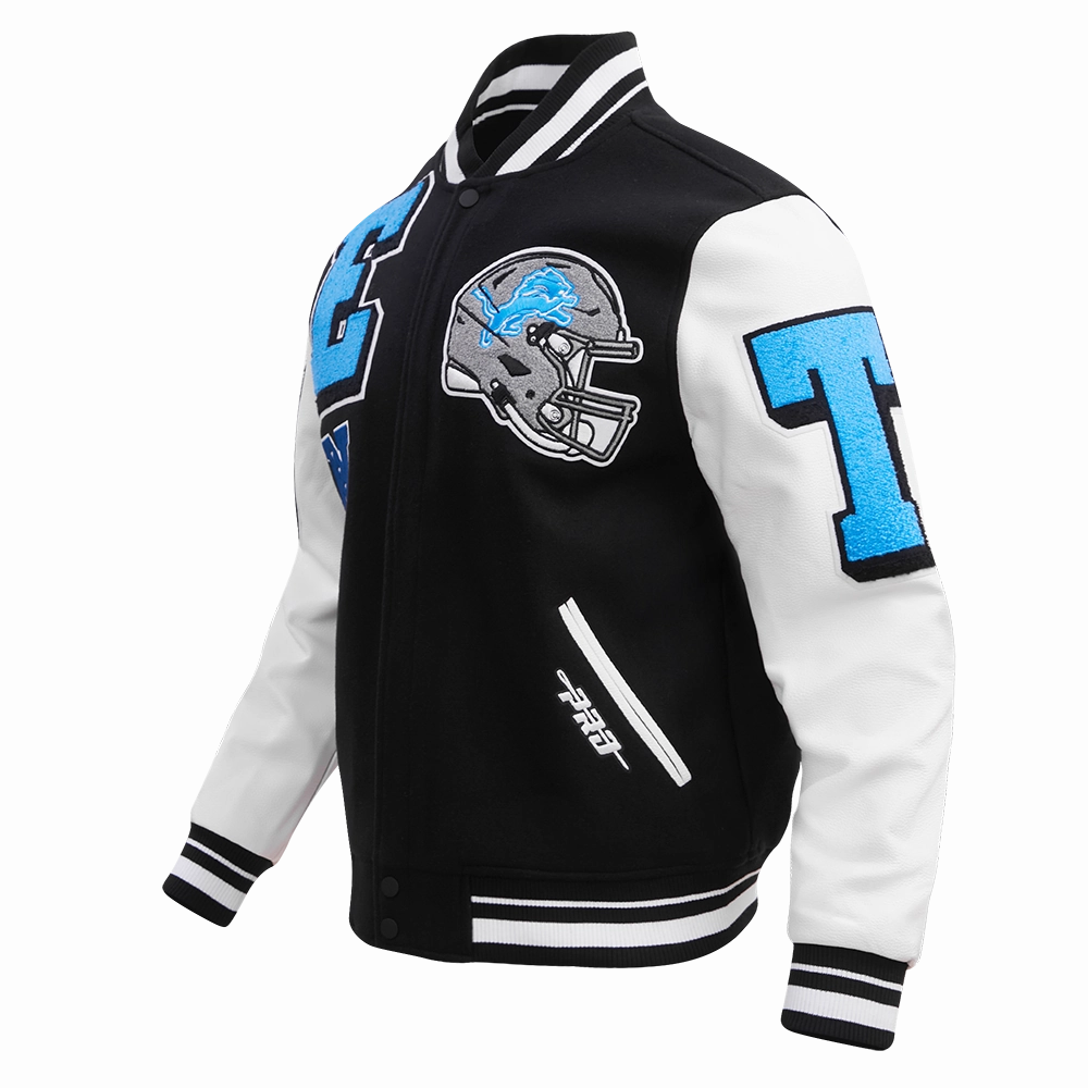 NFL DETROIT LIONS MASHUP MEN'S RIB WOOL VARSITY JACKET (BLACK/WHITE)