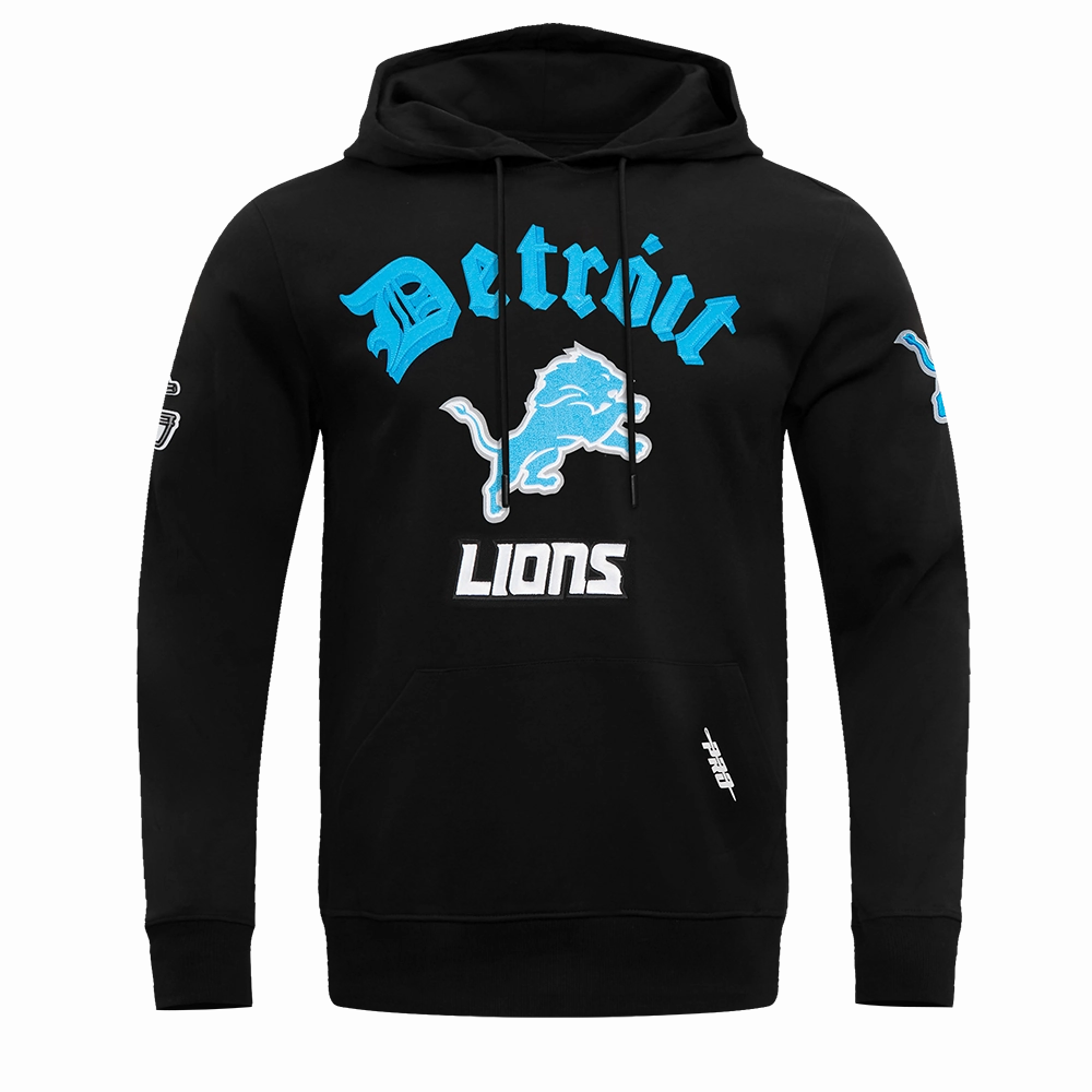 NFL DETROIT LIONS OLD ENGLISH MEN'S PULLOVER HOODIE (BLACK)