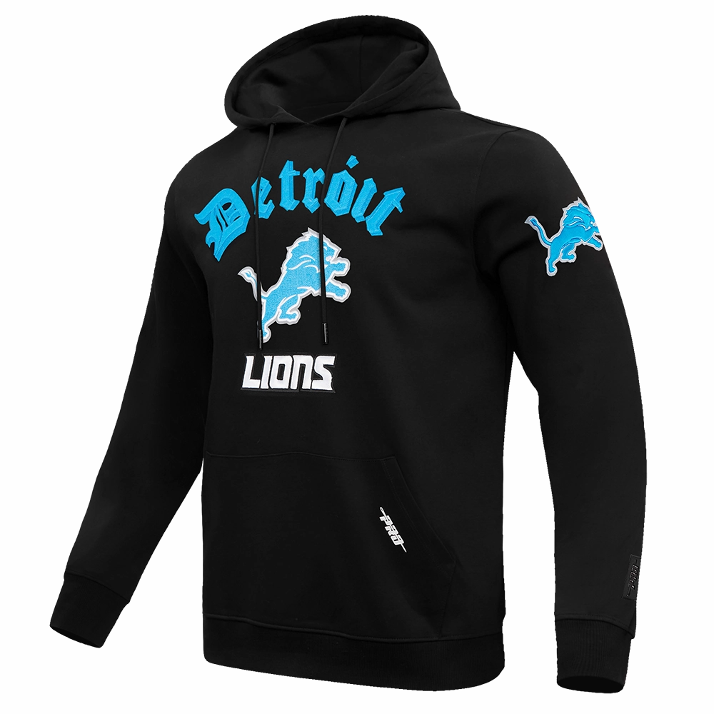 NFL DETROIT LIONS OLD ENGLISH MEN'S PULLOVER HOODIE (BLACK)