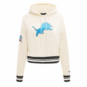 NFL DETROIT LIONS RETRO CLASSIC RIB CROPPED FLEECE PULLOVER HOODIE (EGGSHELL/ BLACK)