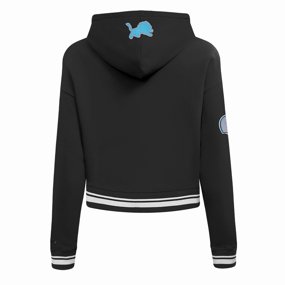 NFL DETROIT LIONS RETRO CLASSIC WOMEN'S RIB CROPPED FLEECE PULLOVER HOODIE (BLACK)