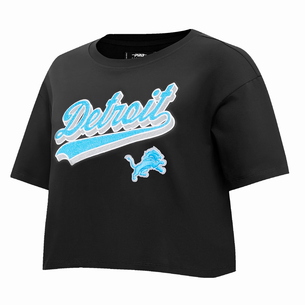 NFL DETROIT LIONS SCRIPT TAIL WOMEN'S SINGLE JERSEY BOXY TEE (BLACK)