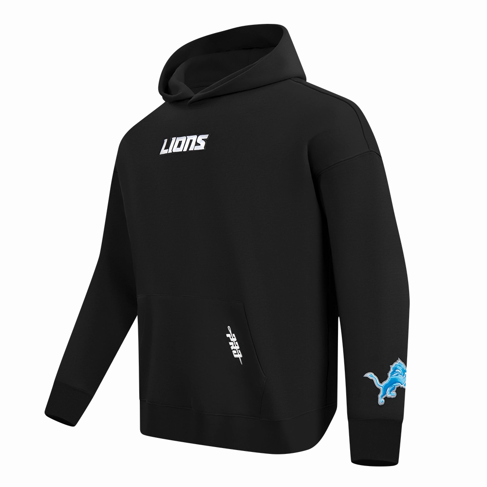 NFL DETROIT LIONS WINGSPAN MEN'S DROP SHOULDER FLEECE PULLOVER HOODIE (BLACK)