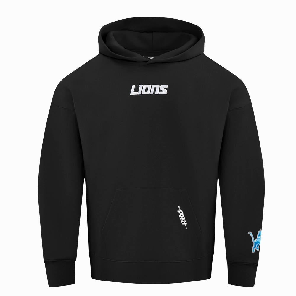 NFL DETROIT LIONS WINGSPAN MEN'S DROP SHOULDER FLEECE PULLOVER HOODIE (BLACK)