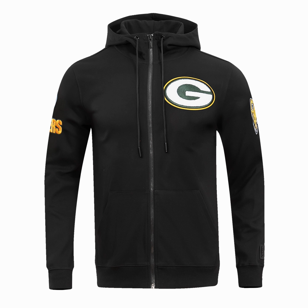 NFL GREEN BAY PACKERS  CLASSIC CHENILLE MEN'S DOUBLE KNIT  FULL ZIP HOODIE (BLACK)