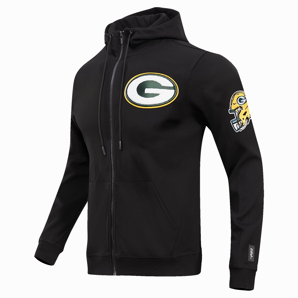 NFL GREEN BAY PACKERS  CLASSIC CHENILLE MEN'S DOUBLE KNIT  FULL ZIP HOODIE (BLACK)