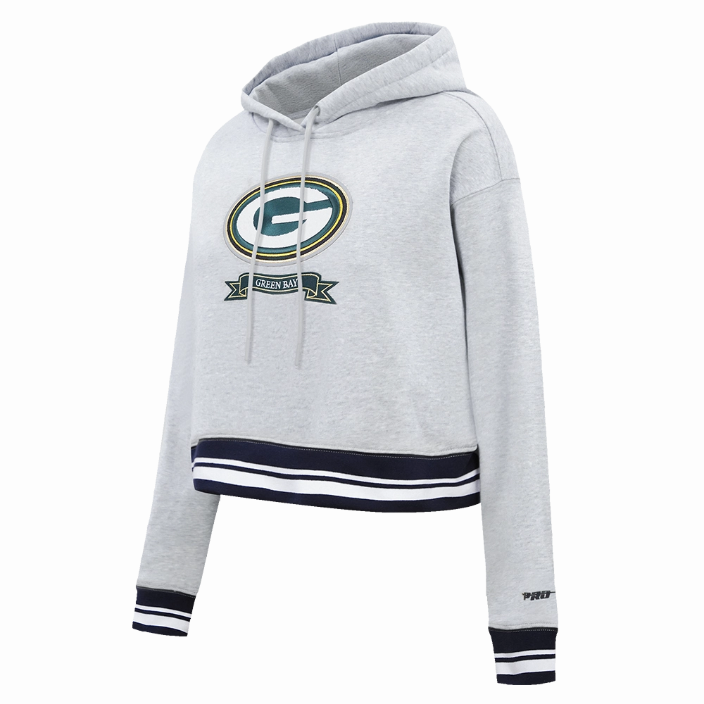 NFL GREEN BAY PACKERS PRO PREP RIB FLEECE WOMEN'S CROPPED PULLOVER HOODIE (HEATHER GRAY/BLACK)