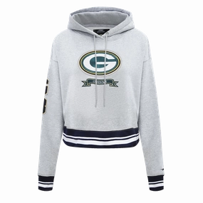 NFL GREEN BAY PACKERS PRO PREP RIB FLEECE WOMEN'S CROPPED PULLOVER HOODIE (HEATHER GRAY/BLACK)