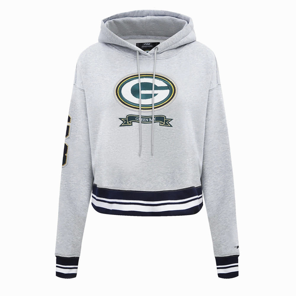 NFL GREEN BAY PACKERS PRO PREP RIB FLEECE WOMEN'S CROPPED PULLOVER HOODIE (HEATHER GRAY/BLACK)