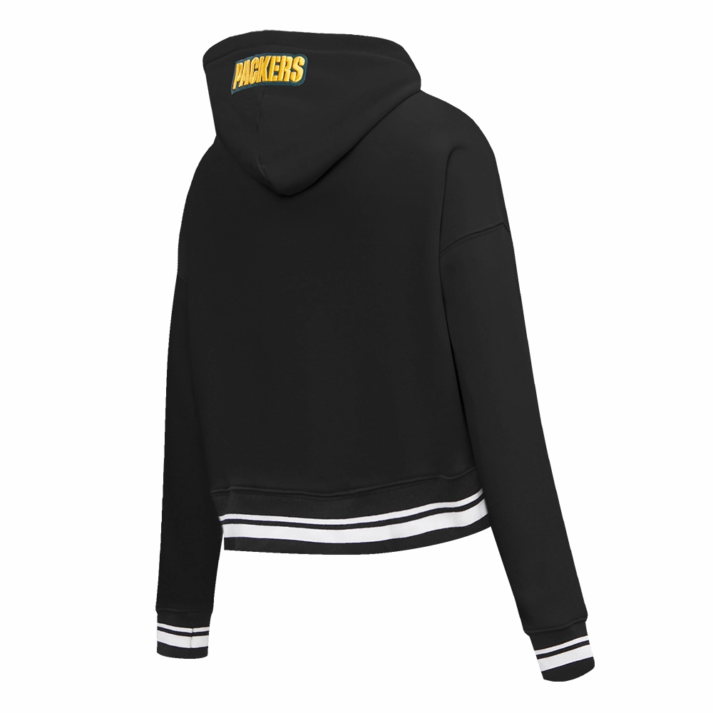 NFL GREEN BAY PACKERS SCRIPT TAIL WOMEN'S RIB FLC CROPPED PO HOODIE (BLACK)
