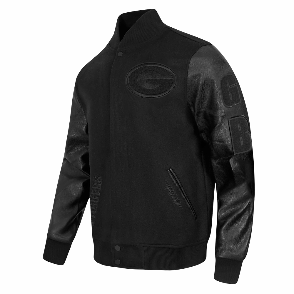 NFL GREEN BAY PACKERS TRIPLE BLACK MEN'S WOOL VARSITY JACKET (TRIPLE BLACK MEN'S)