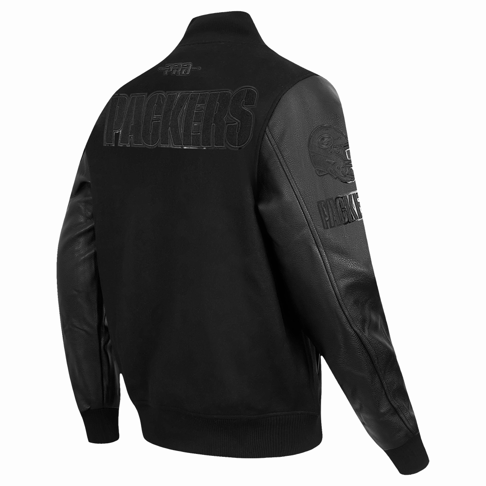 NFL GREEN BAY PACKERS TRIPLE BLACK MEN'S WOOL VARSITY JACKET (TRIPLE BLACK MEN'S)
