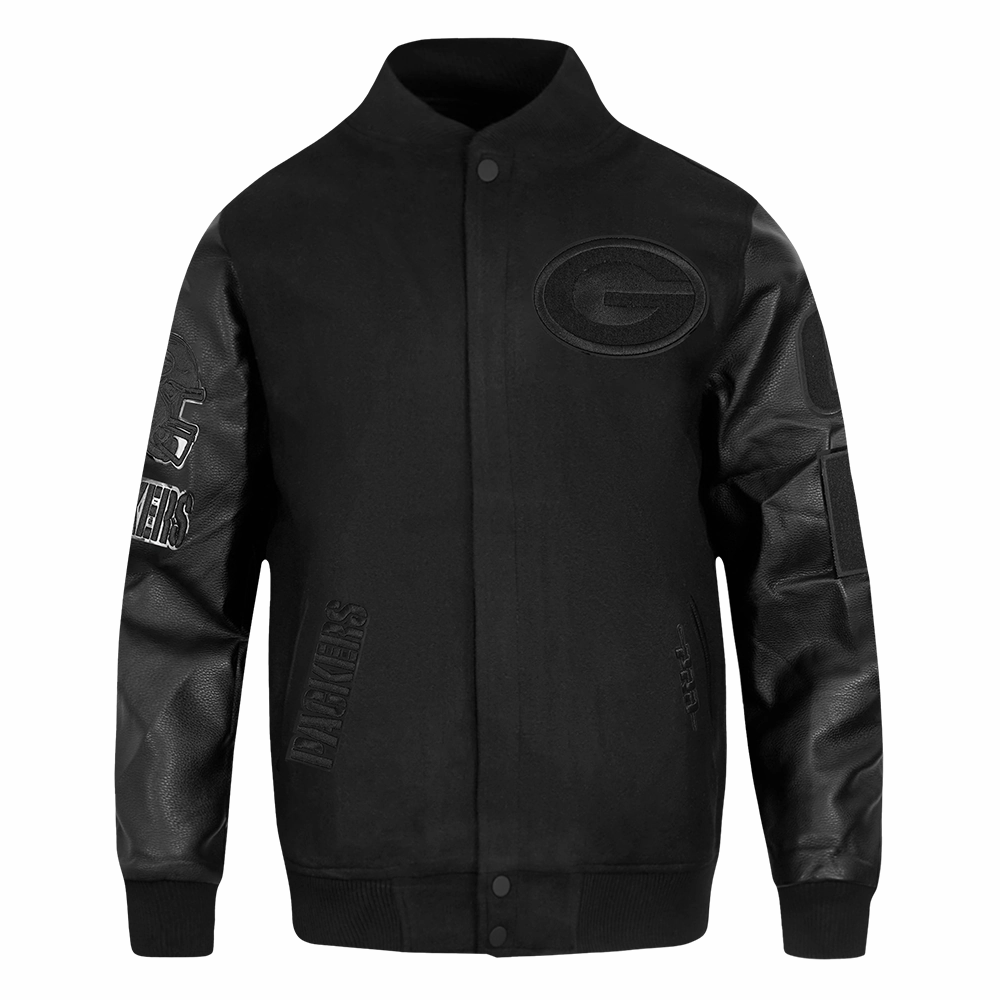 NFL GREEN BAY PACKERS TRIPLE BLACK MEN'S WOOL VARSITY JACKET (TRIPLE BLACK MEN'S)