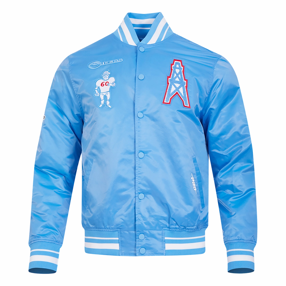 NFL HOUSTON OILERS RETRO CLASSIC MEN'S RIB SATIN JACKET (UNIVERSITY BLUE)