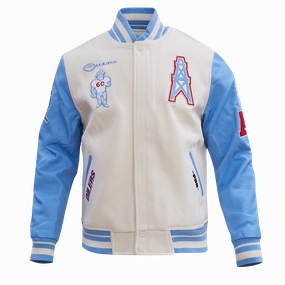 NFL HOUSTON OILERS RETRO CLASSIC MEN'S RIB WOOL VARSITY JACKET (EGGSHELL/ UNIVERSITY BLUE)