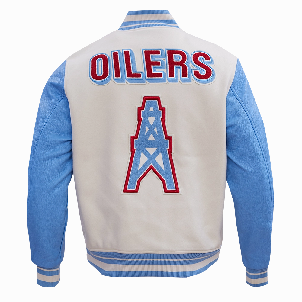 NFL HOUSTON OILERS RETRO CLASSIC MEN'S RIB WOOL VARSITY JACKET (EGGSHELL/ UNIVERSITY BLUE)