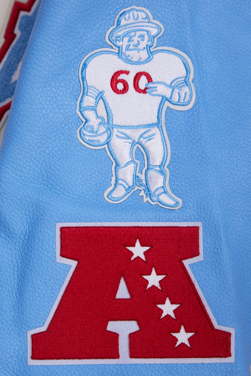 NFL HOUSTON OILERS RETRO CLASSIC MEN'S RIB WOOL VARSITY JACKET (EGGSHELL/ UNIVERSITY BLUE)