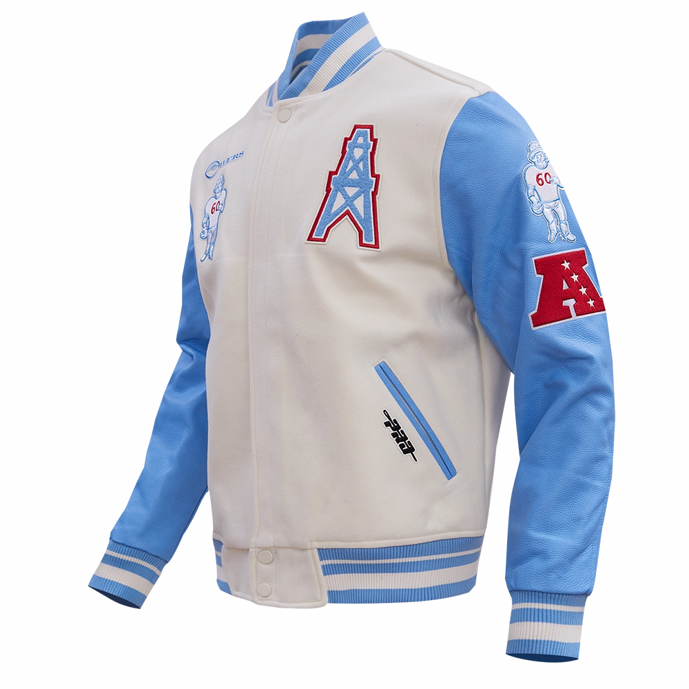 NFL HOUSTON OILERS RETRO CLASSIC MEN'S RIB WOOL VARSITY JACKET (EGGSHELL/ UNIVERSITY BLUE)
