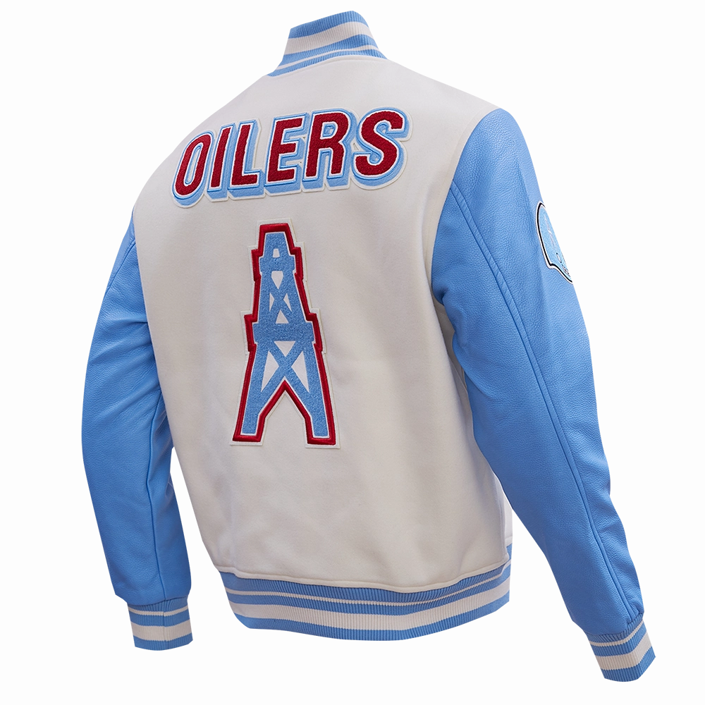 NFL HOUSTON OILERS RETRO CLASSIC MEN'S RIB WOOL VARSITY JACKET (EGGSHELL/ UNIVERSITY BLUE)