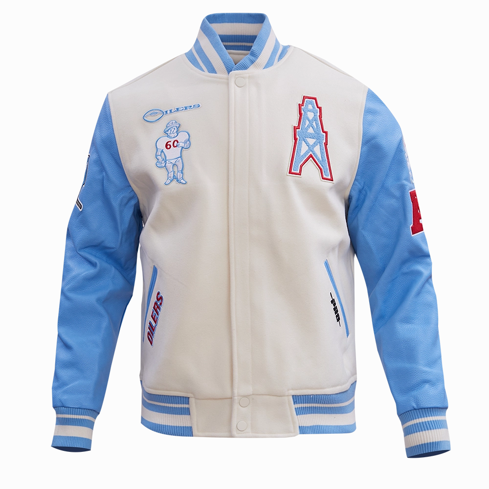 NFL HOUSTON OILERS RETRO CLASSIC MEN'S RIB WOOL VARSITY JACKET (EGGSHELL/ UNIVERSITY BLUE)