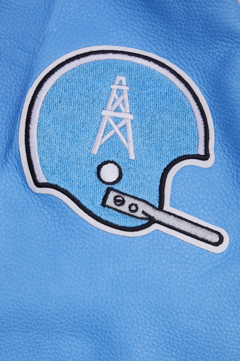 NFL HOUSTON OILERS RETRO CLASSIC MEN'S RIB WOOL VARSITY JACKET (EGGSHELL/ UNIVERSITY BLUE)