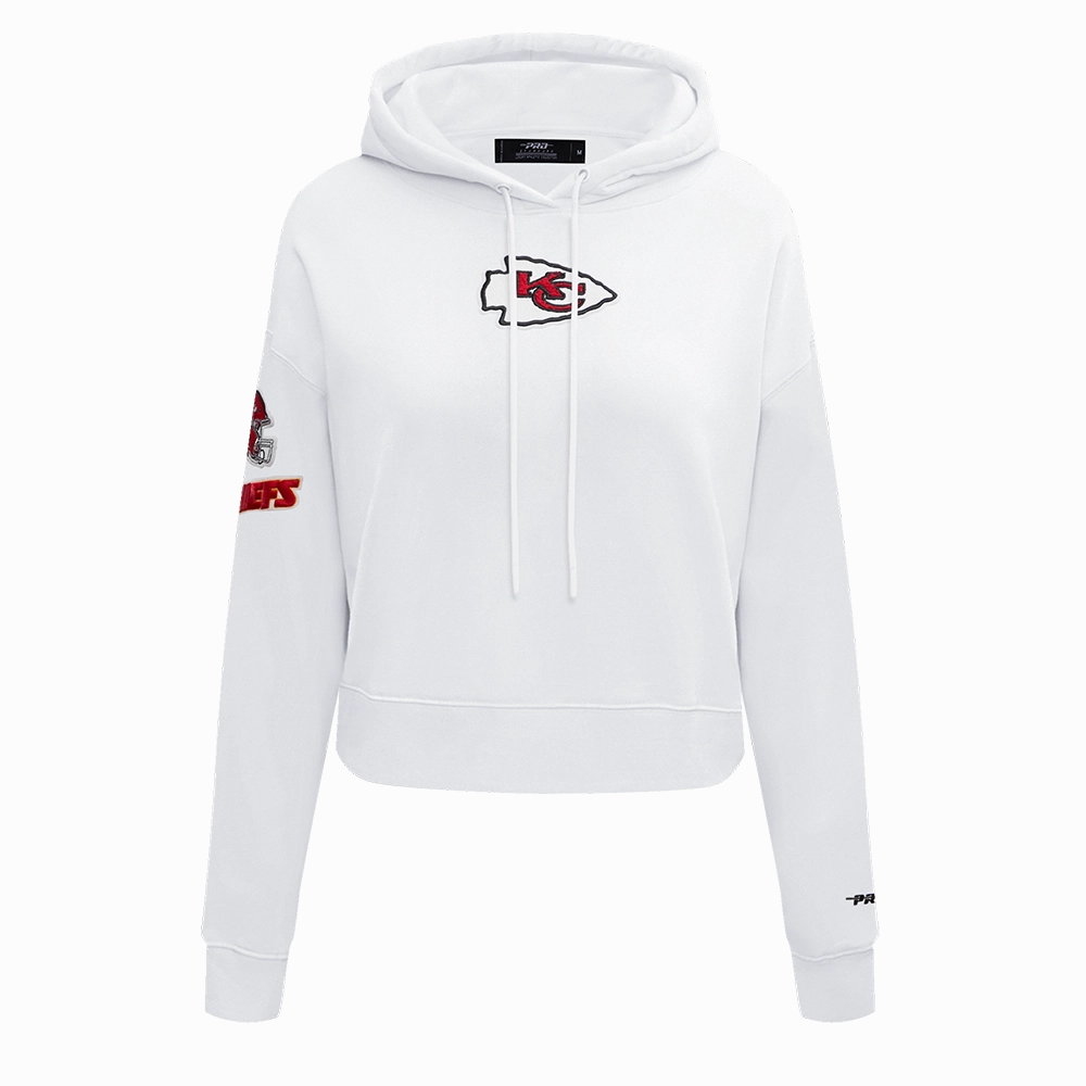 NFL KANSAS CITY CHIEFS CLASSIC WOMEN'S FLEECE CROPPED PULLOVER HOODIE (WHITE)