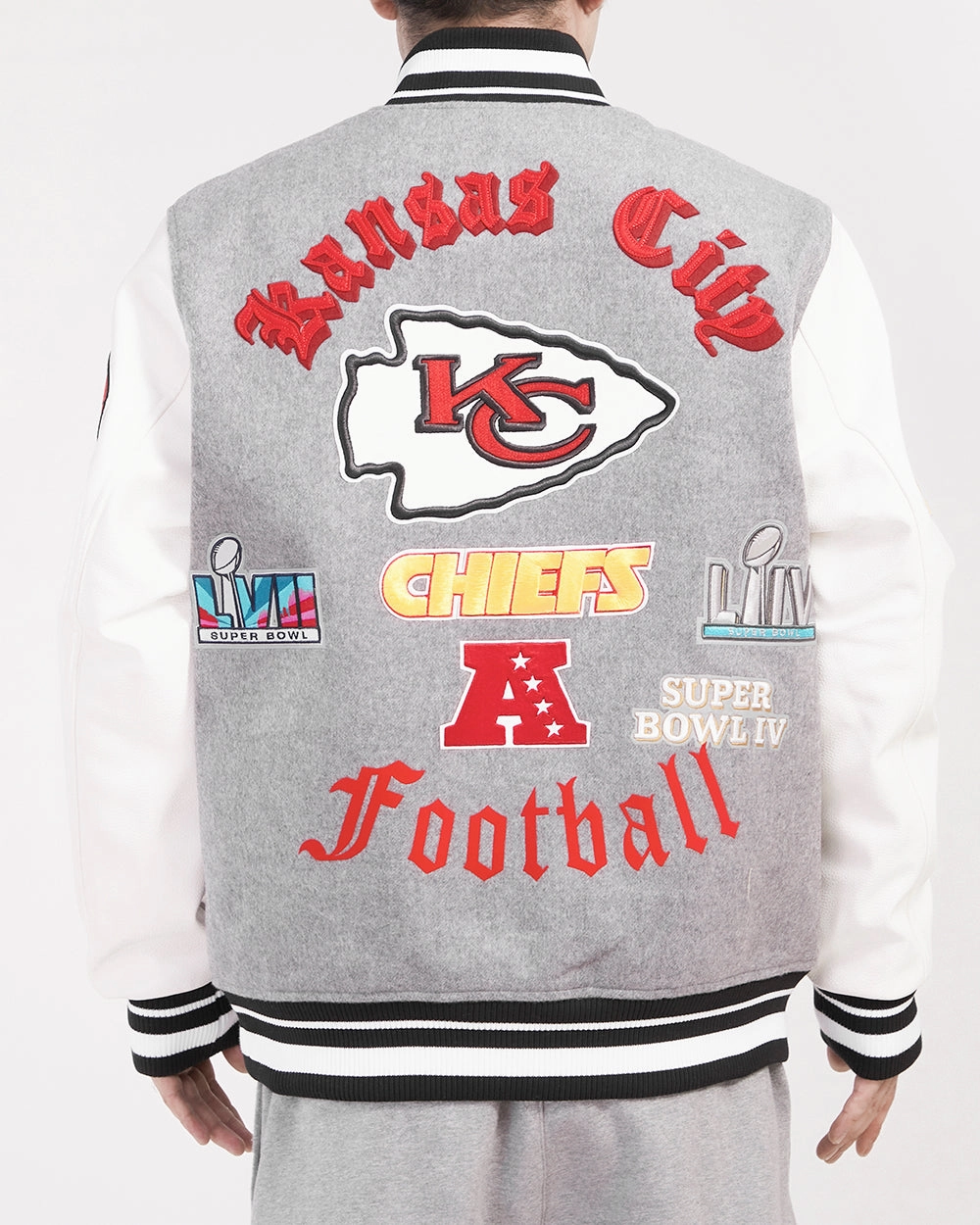 NFL KANSAS CITY CHIEFS OLD ENGLISH MEN'S RIB WOOL VARSITY JACKET (HEATHER GREY/WHITE/BLACK)
